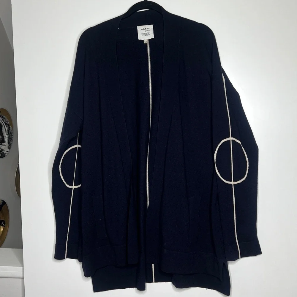 Akris Punto Sz 14 Navy White Open Cardigan Soft Virgin Wool Side Pockets